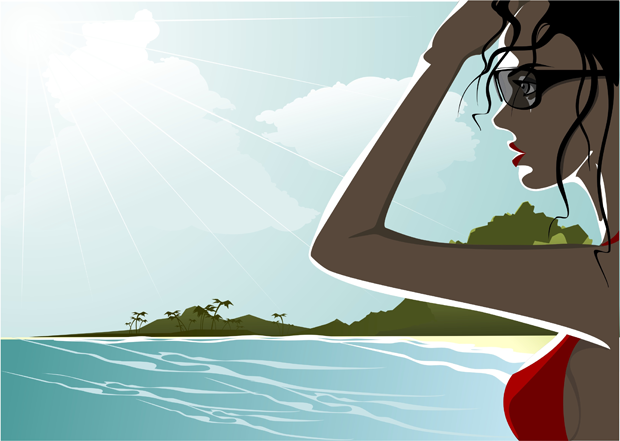 Нарисованная девушка на пляже. Вред солнцезащитных кремов в кажущейся безопасности нахождения под солнечными лучами.